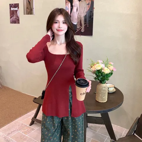 Áo thun cotton dài tay xẻ tà nữ kiểu Pháp dáng rộng chiều dài vừa phải Hàng có sẵn giao ngay Màu đỏ Giá 190k