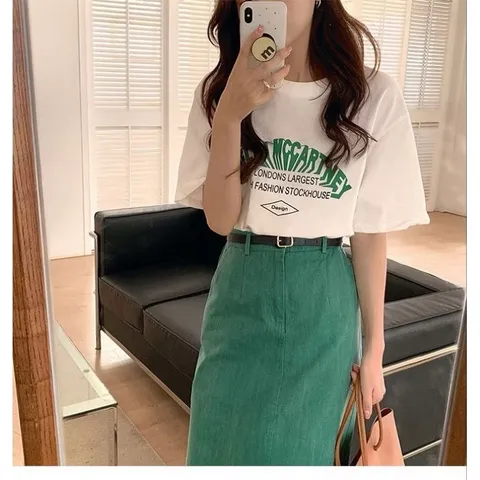 SET ÁO THUN CHỮ + CVAY MIDI XANH Giá 290k/ cả set Hàng có sẵn giao ngay Size SM