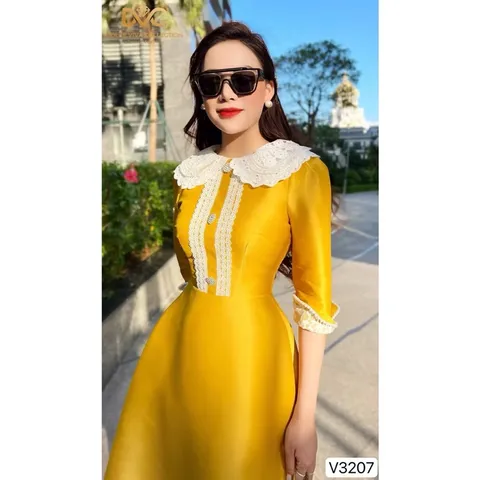 Đầm VÀNG PHỐI REN BÈO CỔ TRẮNG Hàng DVC, có sẵn giao ngay XL Chất liệu tapta cao cấp Đủ size SMLXL