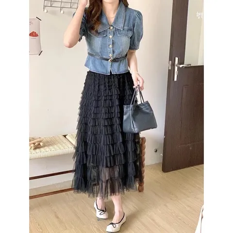 Áo Jean Kiểu Pháp + Chân Váy Ren Lưới  Hàng có sẵn giao ngay Dưới 70kg mặc đẹp Giá 390k/ cả set