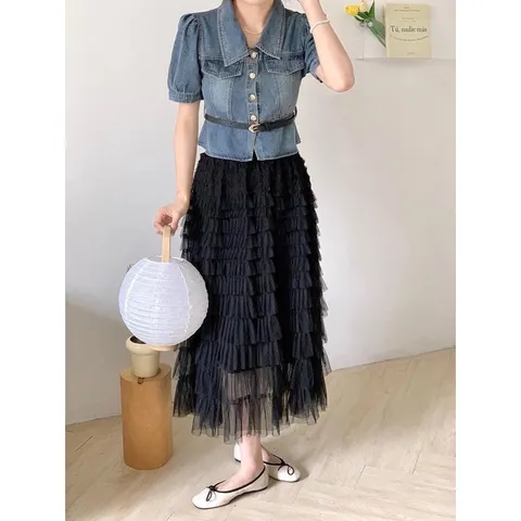 Áo Jean Kiểu Pháp + Chân Váy Ren Lưới  Hàng có sẵn giao ngay Dưới 70kg mặc đẹp Giá 390k/ cả set