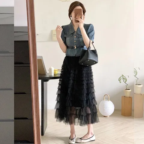 Áo Jean Kiểu Pháp + Chân Váy Ren Lưới  Hàng có sẵn giao ngay Dưới 70kg mặc đẹp Giá 390k/ cả set