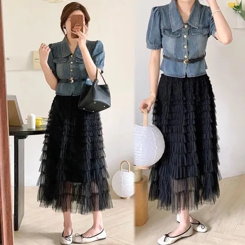 Áo Jean Kiểu Pháp + Chân Váy Ren Lưới  Hàng có sẵn giao ngay Dưới 70kg mặc đẹp Giá 390k/ cả set