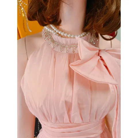 Đầm maxi cổ yếm đính kết bánh bèo đi biển. đi tiệc quá xinh Hàng có sẵn giao ngay L Chất liệu voan tơ 2 lớp cao cấp
