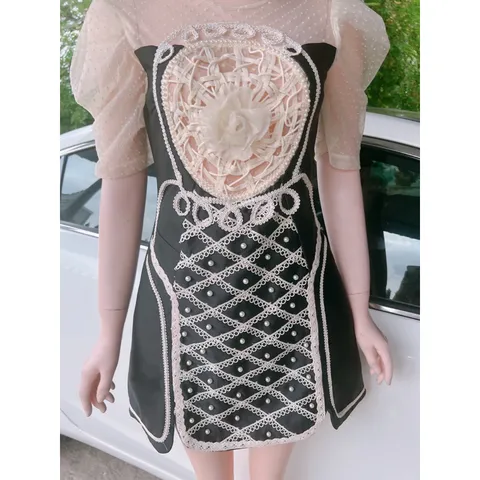 Đầm dự tiệc cao cấp 🌈tafta kết cườm ngọc🌈 tỉ mỉ tay lưới phồng cổ tròn xòe chữ A xẻ đùi Có màu kem M và màu đen S
