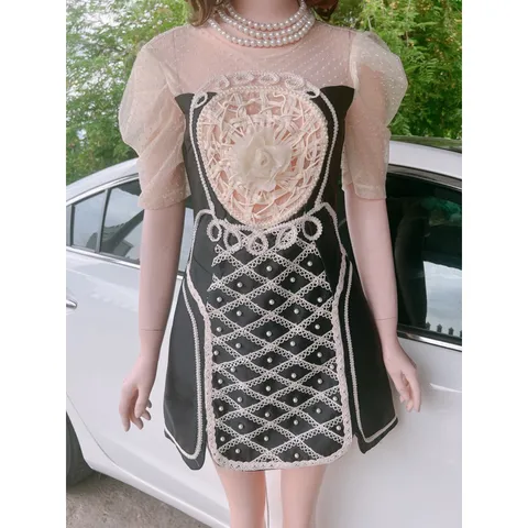 Đầm dự tiệc cao cấp 🌈tafta kết cườm ngọc🌈 tỉ mỉ tay lưới phồng cổ tròn xòe chữ A xẻ đùi Có màu kem M và màu đen S