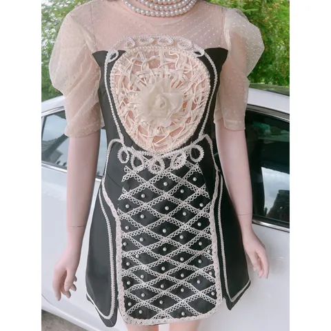 Đầm dự tiệc cao cấp 🌈tafta kết cườm ngọc🌈 tỉ mỉ tay lưới phồng cổ tròn xòe chữ A xẻ đùi Có màu kem M và màu đen S