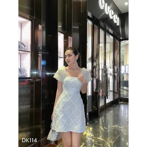 Đầm dự tiệc 🔥ren cao cấp🔥 cổ vuông tay bồng xòe chữ A màu trắng dự tiệc đám cưới cao cấp dạo phố Hàng có sẵn giao ngay