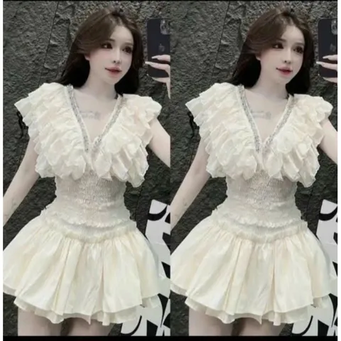 Set Áo Tay Hến Cổ V Đính Đá Kèm Chân Váy Nhún Eo sét áo cổ V viền cổ khâu đá bo eo kèm chân váy 2 tầng xinh lung linh