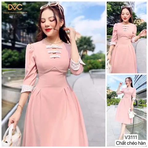 VÁY HỒNG XOÈ TAY LỠ PHỐI REN  Giá 330k Hàng có sẵn giao ngay
