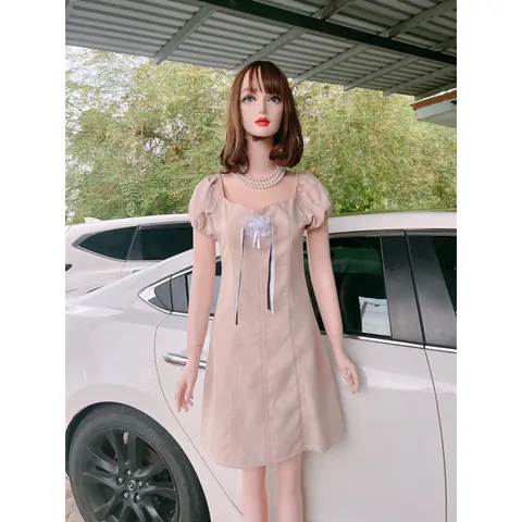 Đầm đính nơ màu nude trơn dễ thương cho nữ Giá 290k Hàng có sẵn giao ngay S