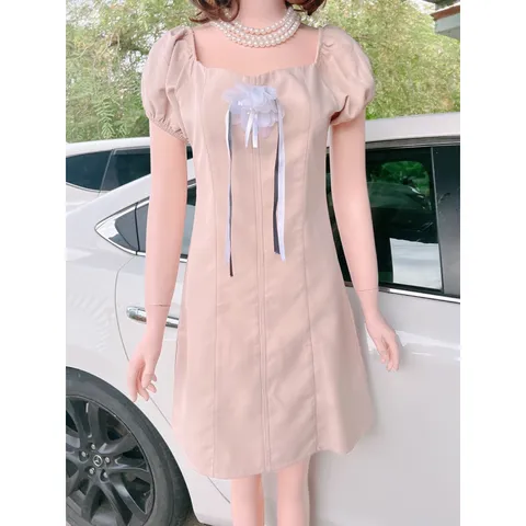 Đầm đính nơ màu nude trơn dễ thương cho nữ Giá 290k Hàng có sẵn giao ngay S