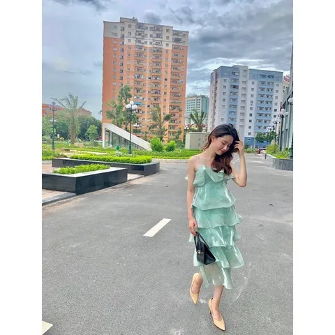 Đầm Sóng chất tơ hai lớp, đầm dáng dài Màu xanh thạch Giá 290k Hàng có sẵn giao ngay