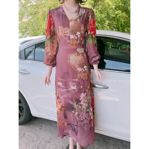 Đầm tay dài hoạ tiết hoa sang trọng Giá 290k Hàng có sẵn giao ngay Dây kéo phía sau Hàng 2 lớp