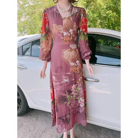 Đầm tay dài hoạ tiết hoa sang trọng Giá 290k Hàng có sẵn giao ngay Dây kéo phía sau Hàng 2 lớp