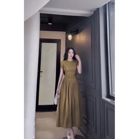 Váy Cotton Thun Tăm Dáng Dài Eo Đính Hoa Giá 290k Hàng có sẵn giao ngay Co giãn dễ chịu Màu rêu