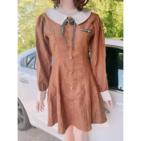 ĐẦM NÂU CỔ BẺ TAY DÀI VIỀN NƠ NGỰC [kèm ảnh thật ] Giá 290k Hàng có sẵn giao ngay