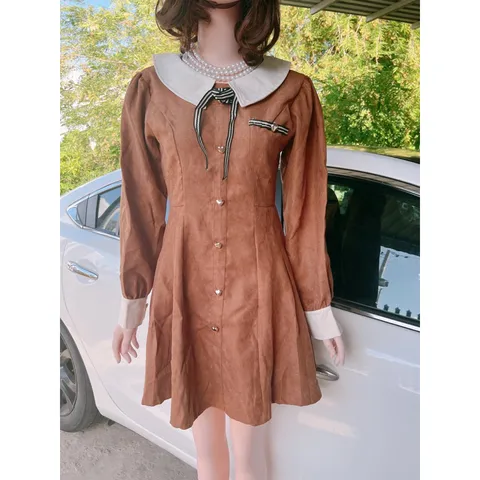 ĐẦM NÂU CỔ BẺ TAY DÀI VIỀN NƠ NGỰC [kèm ảnh thật ] Giá 290k Hàng có sẵn giao ngay
