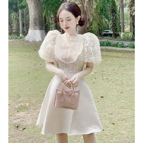Đầm dự tiệc phối ren xòe Giá 299k Hàng có sẵn giao ngay Hàng cao cấp, có sẵn lót quần Màu kem