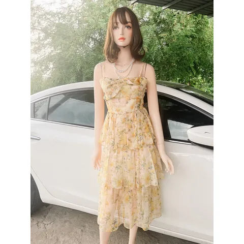 Đầm hoa 2 dây Chất liệu tơ nhẹ như mây Giá 290k Hàng có sẵn giao ngay L