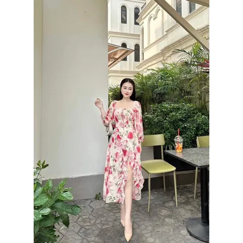 Đầm xẻ tà bèo hoa hồng siêu đẹp voan tơ Giá 299k Hàng Quảng Châu Hàng có sẵn giao ngay L