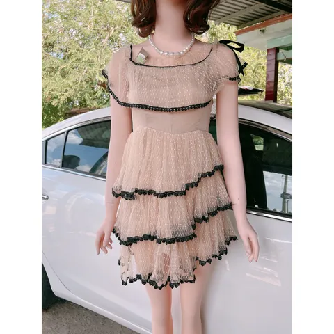 Đầm  Ren Lưới Chấm Bi gợn sóng  Đầm thanh lịch Giá 250k Hàng có sẵn giao ngay Màu nude