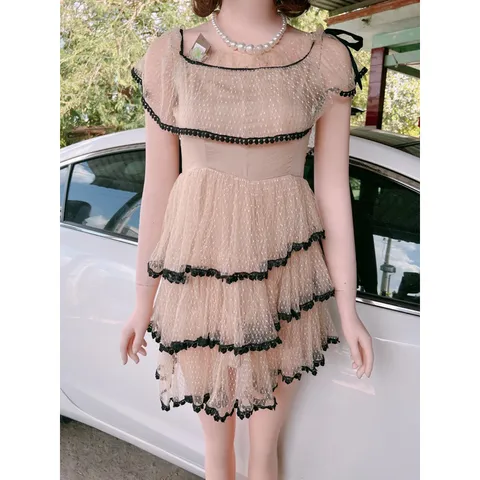 Đầm  Ren Lưới Chấm Bi gợn sóng  Đầm thanh lịch Giá 250k Hàng có sẵn giao ngay Màu nude