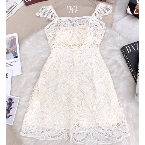 Đầm ren cánh tiên Chất liệu ren nổi cao cấp Giá 399k Hàng có sẵn giao ngay Màu kem