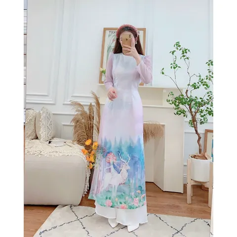 Set áo dài thêu linh dương kèm quần lụa Giá  400k cả set kèm quần lụa Hàng có sẵn giao ngay