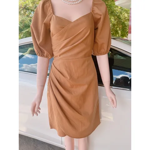 Đầm dự tiệc đắp chéo tà xếp li eo [KÈM ẢNH THẬT] Giá 290k Hàng có sẵn giao ngay Màu nâu tây