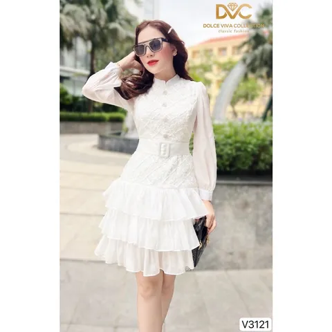 VÁY TRẮNG XOÈ TẦNG KÈM ĐAI  Hàng cao cấp DVC Giá 390k Hàng có sẵn giao ngay