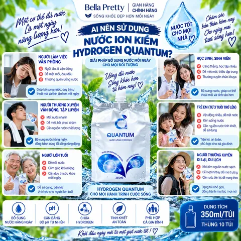 Nước Uống Hydrogen Quantum – Nước Chứa Hydrogen, Ion Kiềm Uống Trực Tiếp Hằng Ngày, Thùng 10 Túi