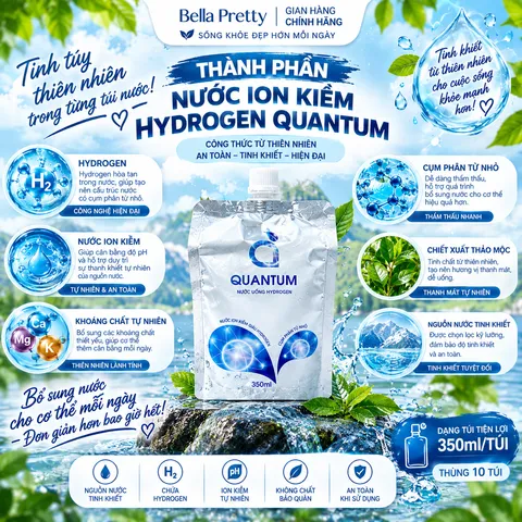 Nước Uống Hydrogen Quantum – Nước Chứa Hydrogen, Ion Kiềm Uống Trực Tiếp Hằng Ngày, Thùng 10 Túi