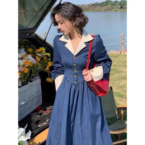 Đầm  denim cổ sơ mi tiểu thư  Mới 100%  Hàng có sẵn giao ngay, form to Giá 290k