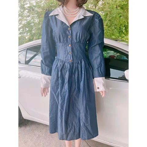 Đầm  denim cổ sơ mi tiểu thư  Mới 100%  Hàng có sẵn giao ngay, form to Giá 290k