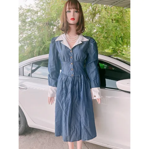 Đầm  denim cổ sơ mi tiểu thư  Mới 100%  Hàng có sẵn giao ngay, form to Giá 290k