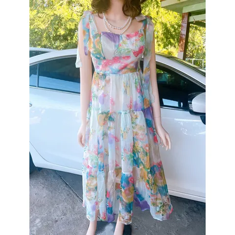 Đầm 2 dây buộc nơ Giá 290k Hàng voan tơ nhẹ như mây siêu đẹp Hàng có sẵn giao ngay S