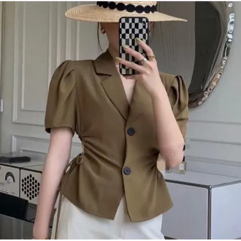 Áo kiểu nữ cổ vest, rút eo, tay ngắn cá tính Giá 90k Hàng có sẵn giao ngay