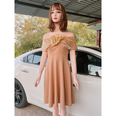 Đầm dự tiệc nơ phối lưới kết đá dáng xòe sang chảnh Giá 290k Hàng có sẵn giao ngay Màu nude