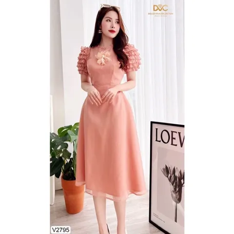 VÁY VOAN  TAY BÈO Coa màu xanh rêu,hồng Giá 290k Hàng coa sẵn giao ngay