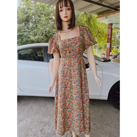 Đầm xòe họa tiết form dài cổ vuông tay phồng Giá 290k Hàng có sẵn giao ngay Hình thật như mẫu mặc