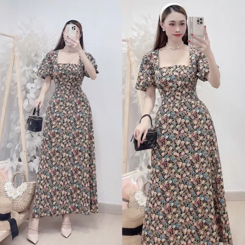 Đầm xòe họa tiết form dài cổ vuông tay phồng Giá 290k Hàng có sẵn giao ngay Hình thật như mẫu mặc