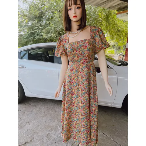 Đầm xòe họa tiết form dài cổ vuông tay phồng Giá 290k Hàng có sẵn giao ngay Hình thật như mẫu mặc