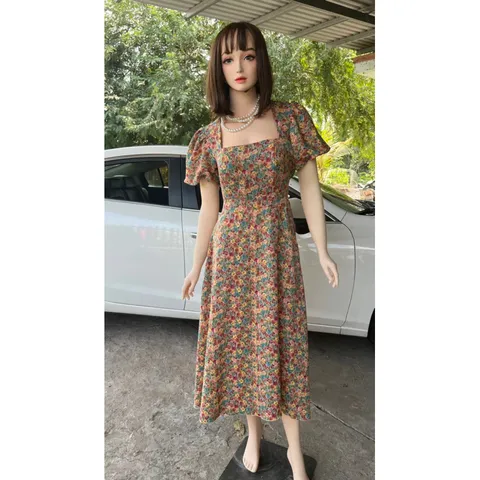 Đầm xòe họa tiết form dài cổ vuông tay phồng Giá 290k Hàng có sẵn giao ngay Hình thật như mẫu mặc
