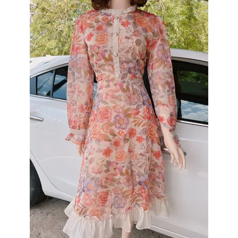 Đầm hoa tay dài tiểu thư Hàng có sẵn giao ngay Form to size XL Giá 299k Chất liệu voan tơ siêu đẹp