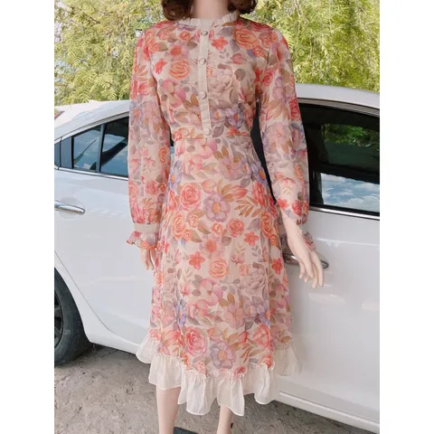 Đầm hoa tay dài tiểu thư Hàng có sẵn giao ngay Form to size XL Giá 299k Chất liệu voan tơ siêu đẹp