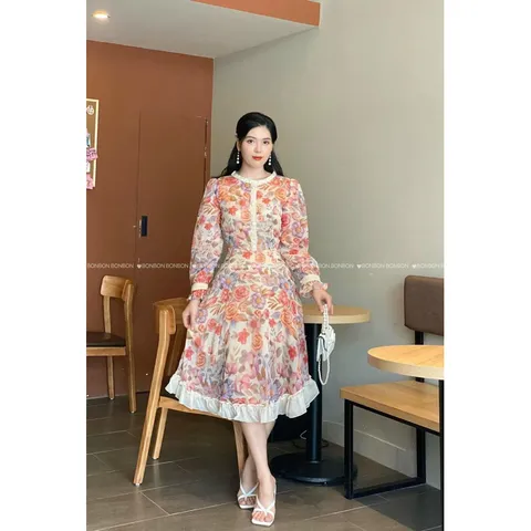 Đầm hoa tay dài tiểu thư Hàng có sẵn giao ngay Form to size XL Giá 299k Chất liệu voan tơ siêu đẹp