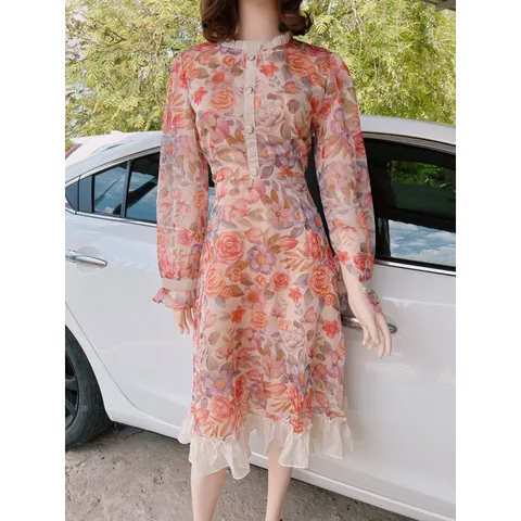 Đầm hoa tay dài tiểu thư Hàng có sẵn giao ngay Form to size XL Giá 299k Chất liệu voan tơ siêu đẹp