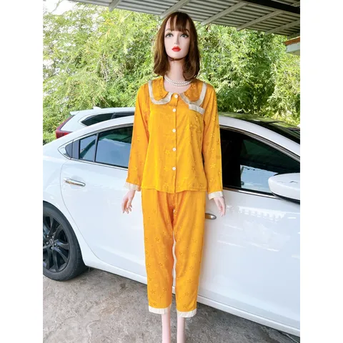 ĐỒ BỘ PIJAMA LỤA XƯỚC TAY DÀI TIỂU THƯ  Giá 190k Hàng có sẵn giao ngay Màu vàng Quần có 2 túi