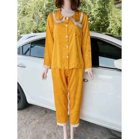 ĐỒ BỘ PIJAMA LỤA XƯỚC TAY DÀI TIỂU THƯ  Giá 190k Hàng có sẵn giao ngay Màu vàng Quần có 2 túi